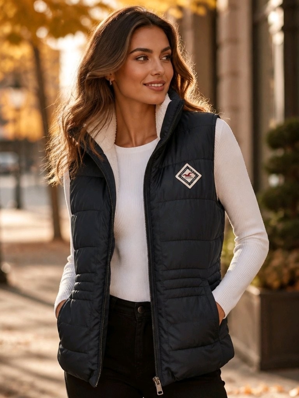Hollister Sherpa Lined Puffer Vest - Black With Pacific Coast Logo